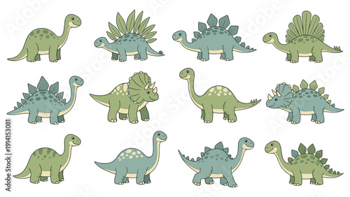 A captivating collection of various cartoon dinosaurs in diverse poses, showcasing a playful prehistoric world in green and blue tones.