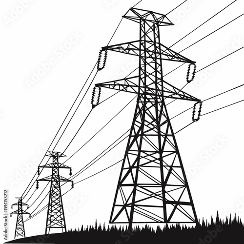 Voltage electric power transmission towers with insulators and wires on white background