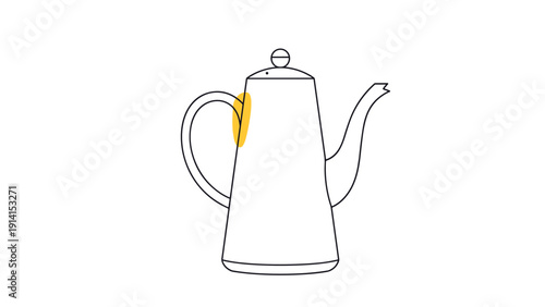 A minimalist black and white line drawing of a tall, elegant teapot or coffee pot, accented with a subtle yellow highlight on its handle.