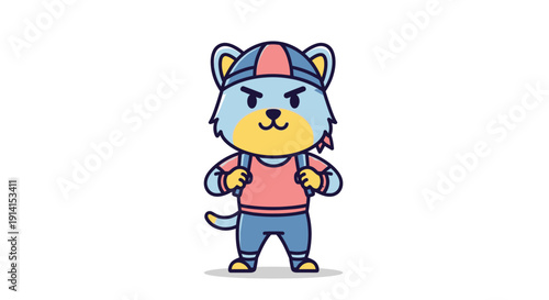 Cartoon illustration of a confident cat character wearing a blue cap and casual clothing.