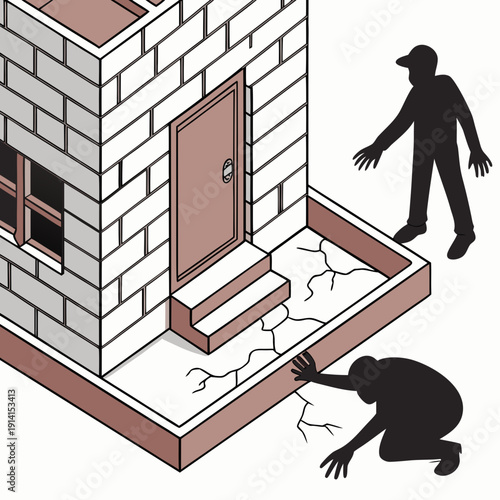 Unsafe house foundation with cracks and silhouetted people