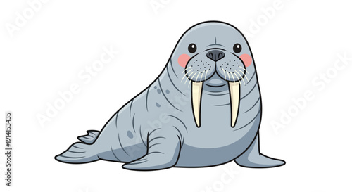 Cute cartoon walrus with long tusks and whiskers lying down.