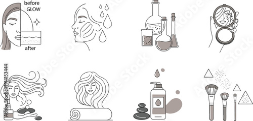 Beauty and Skincare Line Icon Set with Facial Treatment Hair Care Cosmetics Products and Spa Elements Outline Vector Collection