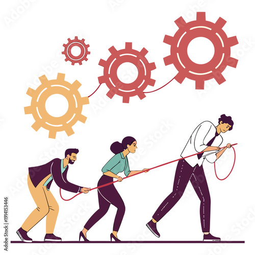 Teamwork struggle with rope and gears business