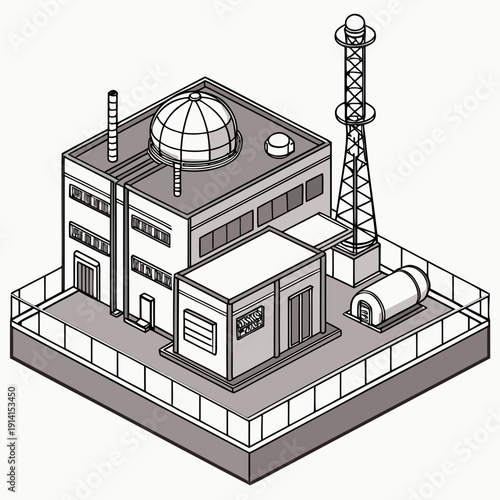Isometric view of a nuclear power plant with cooling tower and reactor building