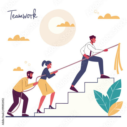 Teamwork concept with three people pulling rope to help man climb stairs