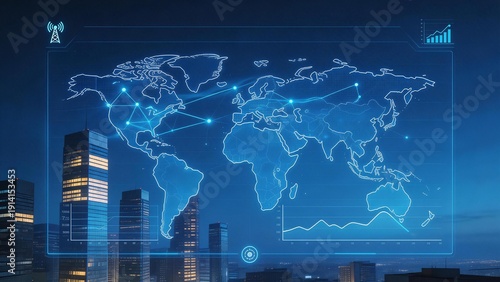 Global network map over city skyline