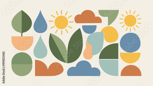 Abstract nature elements with sun, clouds, leaves, and raindrops in a minimalist style.