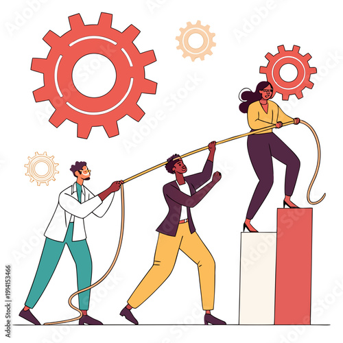 Teamwork collaboration pulling rope around gear corporate concept