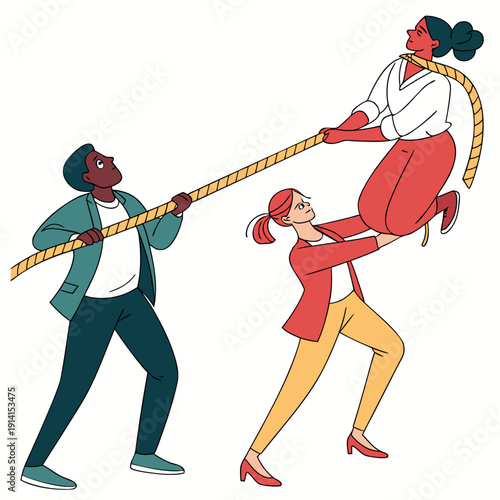 Teamwork concept with people pulling rope to lift woman
