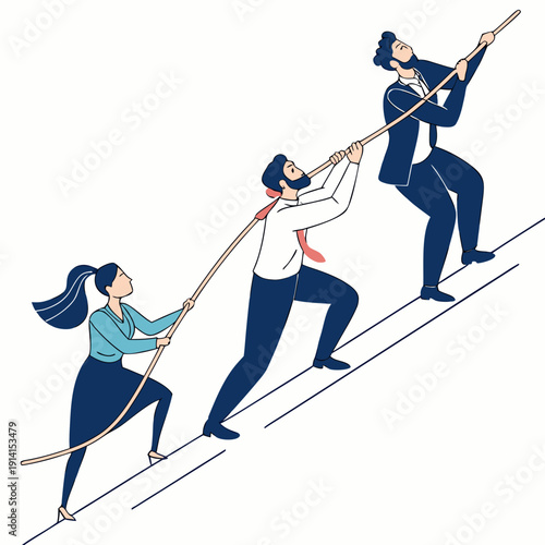 Team pulling rope to help man climb steep incline teamwork