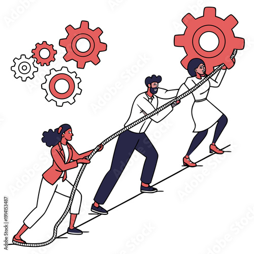 Teamwork concept with people pulling rope to turn gear