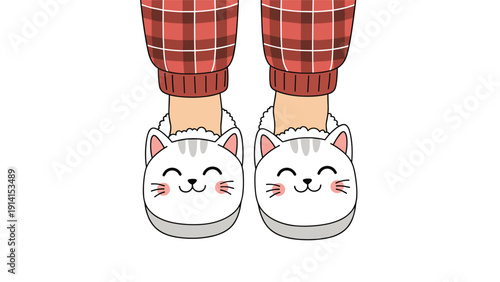 Cozy feet in cute cat slippers, paired with comfortable red plaid pajamas, perfect for a relaxed evening at home.