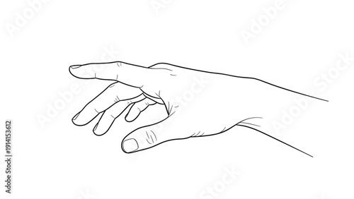 Detailed black and white line art illustration of a human hand, captured in a natural reaching or open gesture.