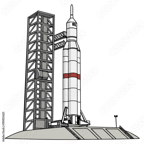 Rocket on launchpad with service tower space launch site 1