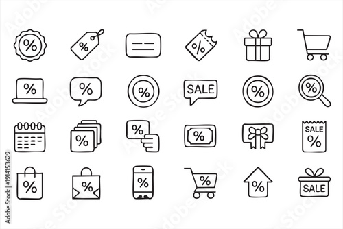 Sale and discount line icons with coupon cart and tags