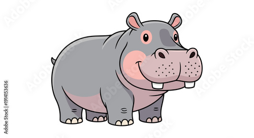 Friendly cartoon hippopotamus smiling with pink cheeks and big eyes.