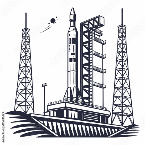 Navy blue of rocket on launchpad with service tower and support structures