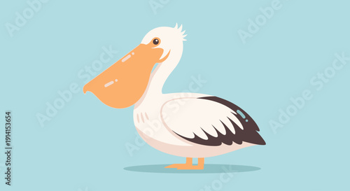 Cute cartoon pelican standing on light blue background with a happy expression.