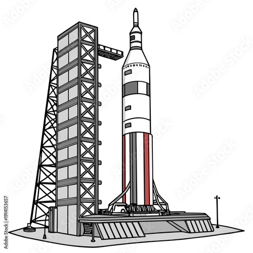 Rocket on launchpad with service tower space launch site 2