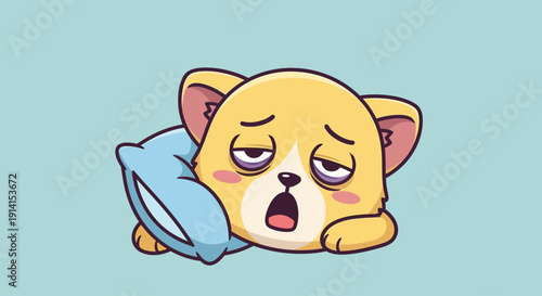 Tired cartoon dog resting head on pillow with sleepy expression.