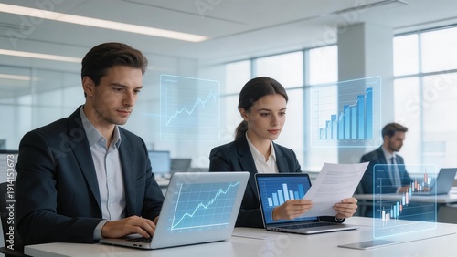 Business professionals analyzing data in office