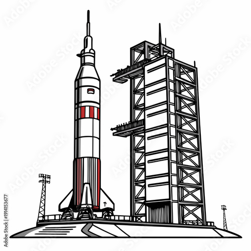 Of a rocket on a launchpad with service tower spacecraft