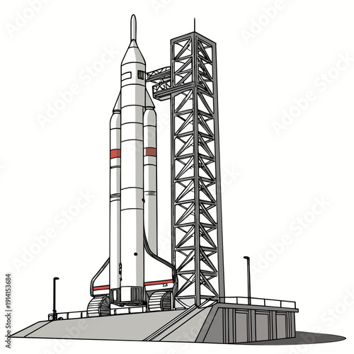 Space launch rocket on launchpad with service tower 1