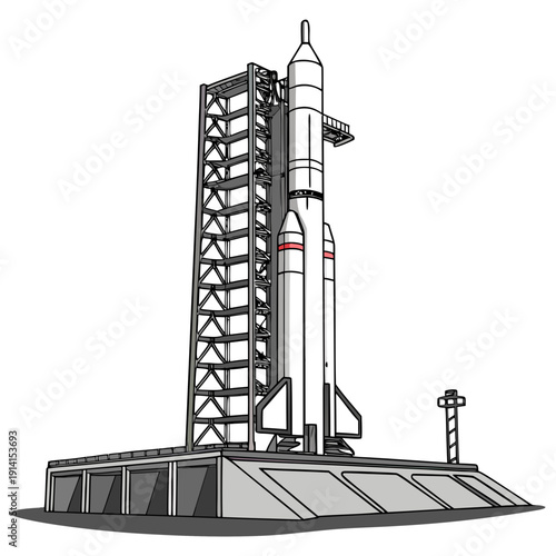 Space launch rocket on launchpad with service tower