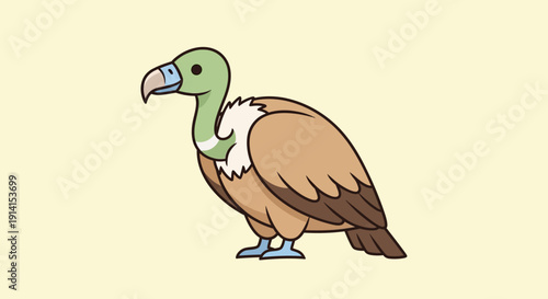 Illustration of a cartoon vulture standing on the ground with a neutral expression.