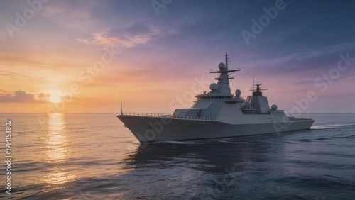 Military ship sailing at sunset