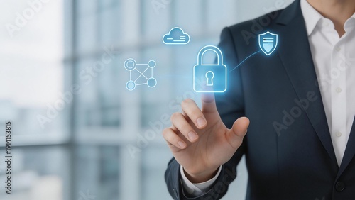 Businessman interacting with digital security icons