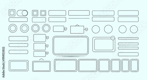 Set of various rectangular and circular wireframe shapes for graphic design and UI elements.
