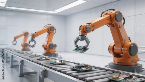 Orange robotic arms assembling circuit boards