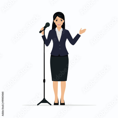 Businesswoman delivering a speech at a conference with a microphone on a stand, presenting ideas and engaging an audience with her gestures and confident posture