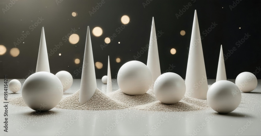 Naklejka premium Minimalist composition. White shapes rest upon granular surface. Dark background features blurred lights. Abstract, serene presentation.