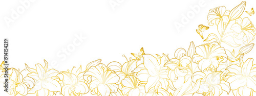 Tulips  have a golden gradient on a white background with a gold butterfly, long .eps
