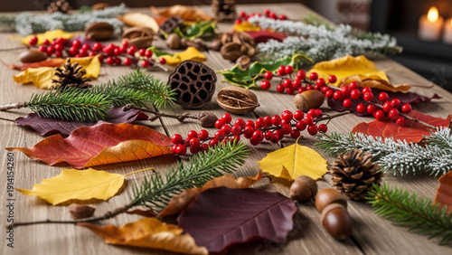 Autumnal Tabletop Display - Vibrant Leaves, Berries, Pinecones, and Acorns.