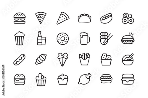 Fast food line icons with burger pizza and fries