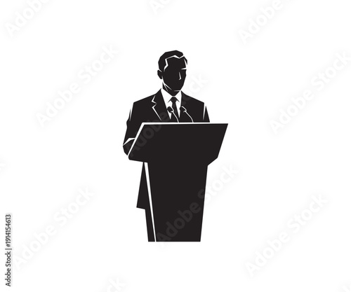 Confident businessman presenting at podium with microphone.