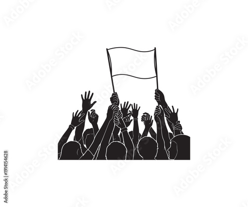 Crowd holding flag and raising hands in protest or celebration.