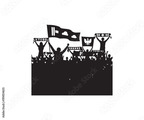 Crowd of people celebrating with flags and banners at event.