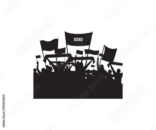 Crowd of people protesting with flags and banners in silhouette.