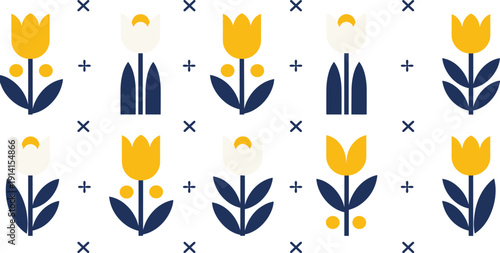 Scandinavian Floral Seamless Pattern with Tulip Flowers and Geometric Elements Nordic Folk Art Style Repeating Vector Background