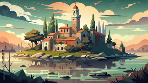 Very beautiful abandoned island of Poveglia in the Venetian Lagoon, with crumbling historic buildings emerging through soft morning fog.