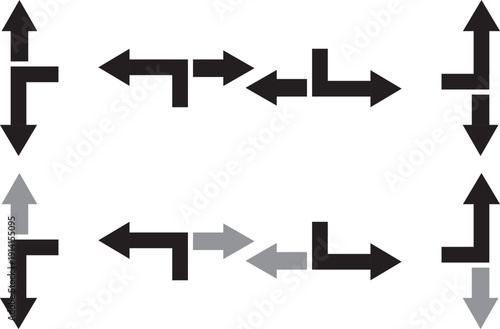 Navigation Road Arrows icon Set. Highway Direction Icons. Black arrows showing diverging and converging paths. Set of black directional arrow icons including U turn, right turn, left turn