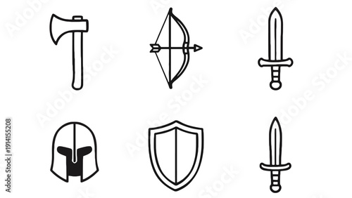Sword vector icons including axe, bow, shield and helmet illustrations