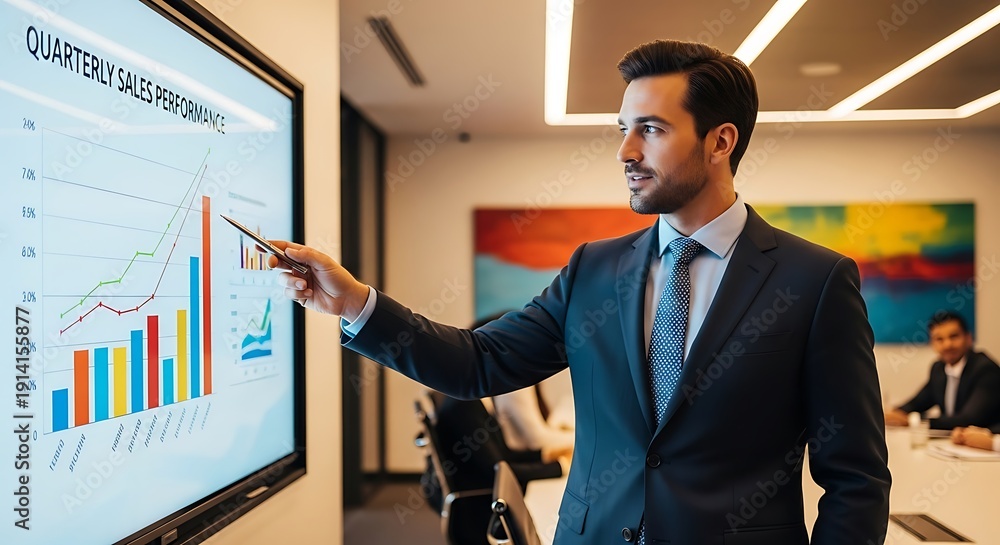© Latevanila - Businessman points to rising quarterly sales performance chart during meeting.