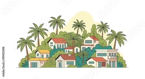 Tropical Village Scene with Modern Houses and Palm Trees