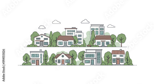 Modern and Traditional Houses with Green Trees - Suburban Neighborhood Illustration